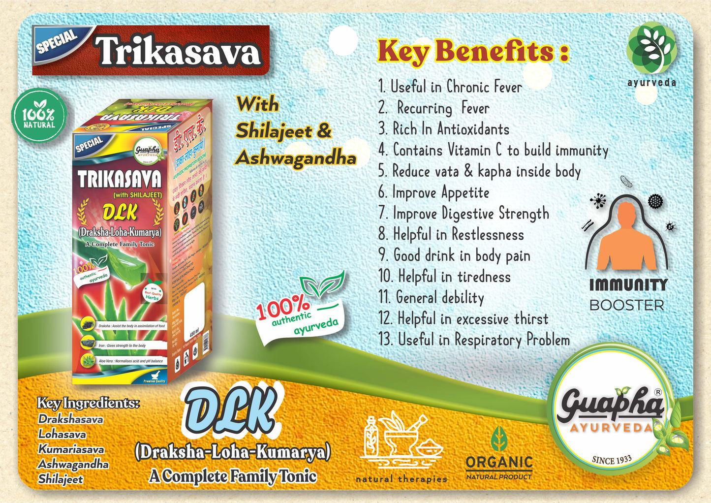 Guapha Ayurveda Trikasava Special (D.L.K.) | With Ashwagandha And Shilajeet | A complete Family Tonic 450ml