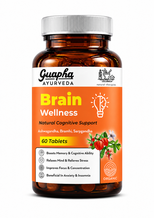 Guapha Ayurveda Brain Wellness Tablets | Natural Cognitive Support | Wth Herbal Extracts of Ashwagandha, Bramhi, Sarpgandha