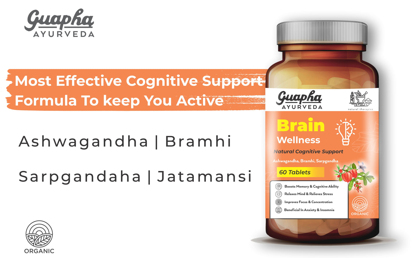 Guapha Ayurveda Brain Wellness Tablets | Natural Cognitive Support | Wth Herbal Extracts of Ashwagandha, Bramhi, Sarpgandha