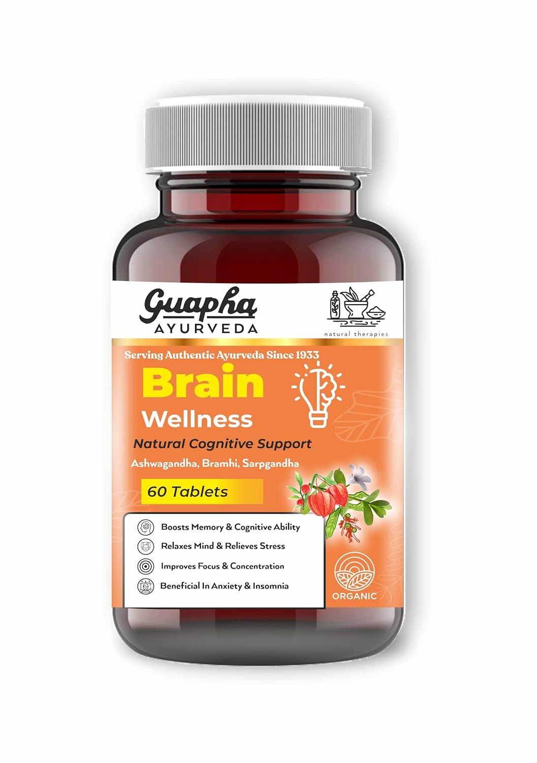 Guapha Ayurveda Brain Wellness Tablets | Natural Cognitive Support | Wth Herbal Extracts of Ashwagandha, Bramhi, Sarpgandha