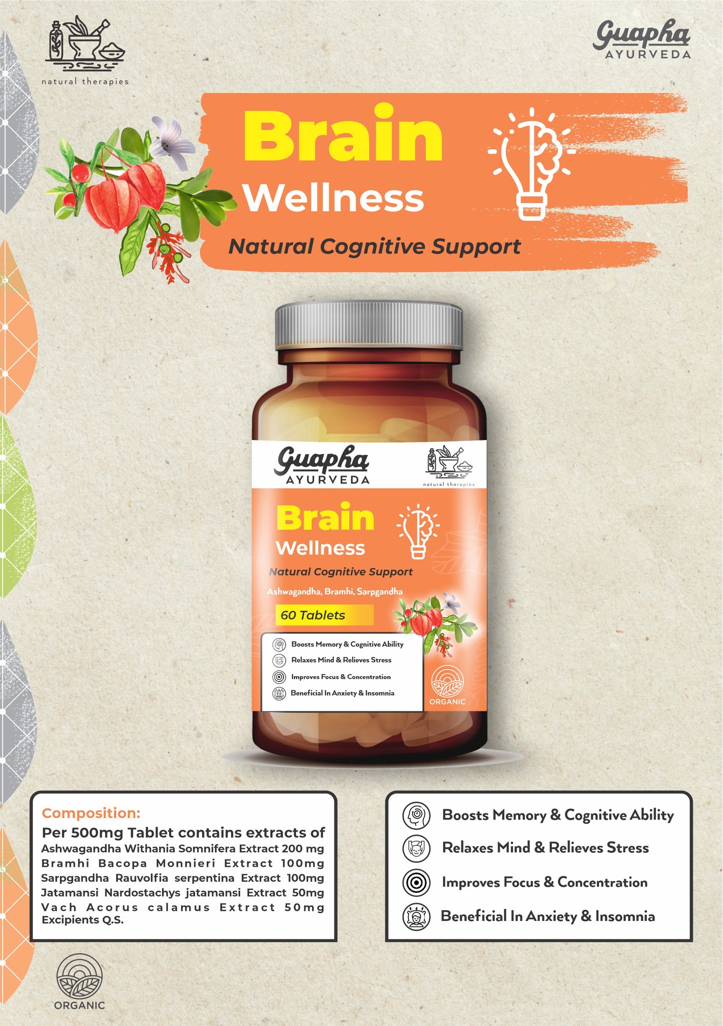 Guapha Ayurveda Brain Wellness Tablets | Natural Cognitive Support | Wth Herbal Extracts of Ashwagandha, Bramhi, Sarpgandha