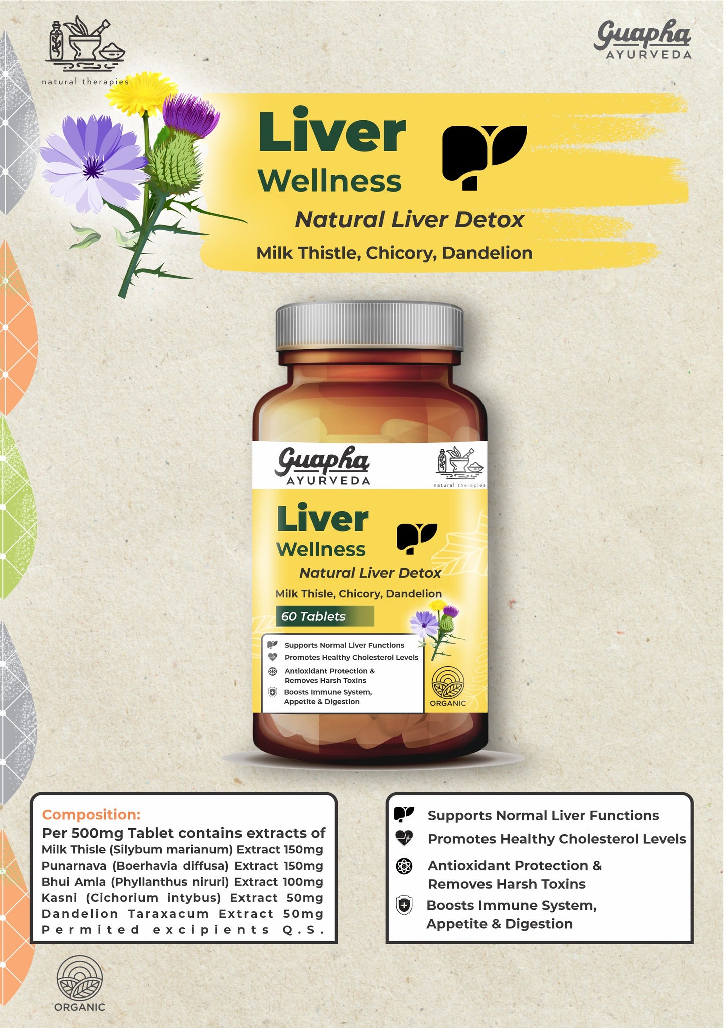 Guapha Ayurveda Liver Wellness | Natural Liver Detox | Supports Gallbladder Health | With Herbal Extracts Of Milk Thistle, Chicory, Dandelion, Punarnava, Bhui Amla, Kasni