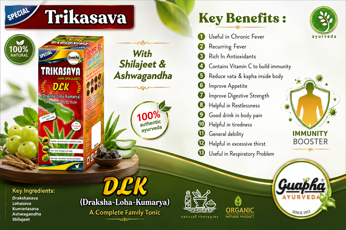 Guapha Ayurveda Trikasava Special (D.L.K.) | With Ashwagandha And Shilajeet | A complete Family Tonic 450ml