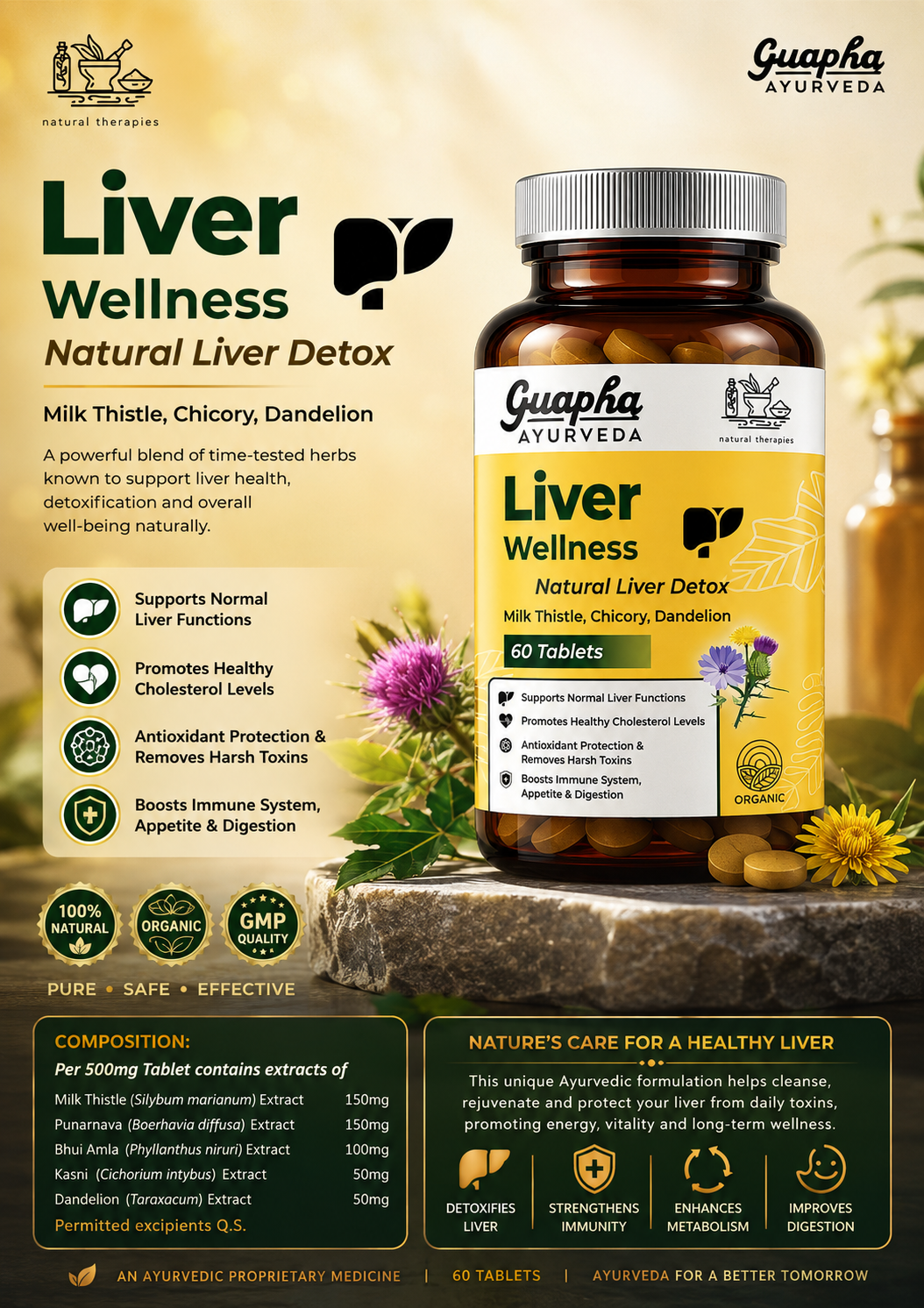 Guapha Ayurveda Liver Wellness | Natural Liver Detox | Supports Gallbladder Health | With Herbal Extracts Of Milk Thistle, Chicory, Dandelion, Punarnava, Bhui Amla, Kasni