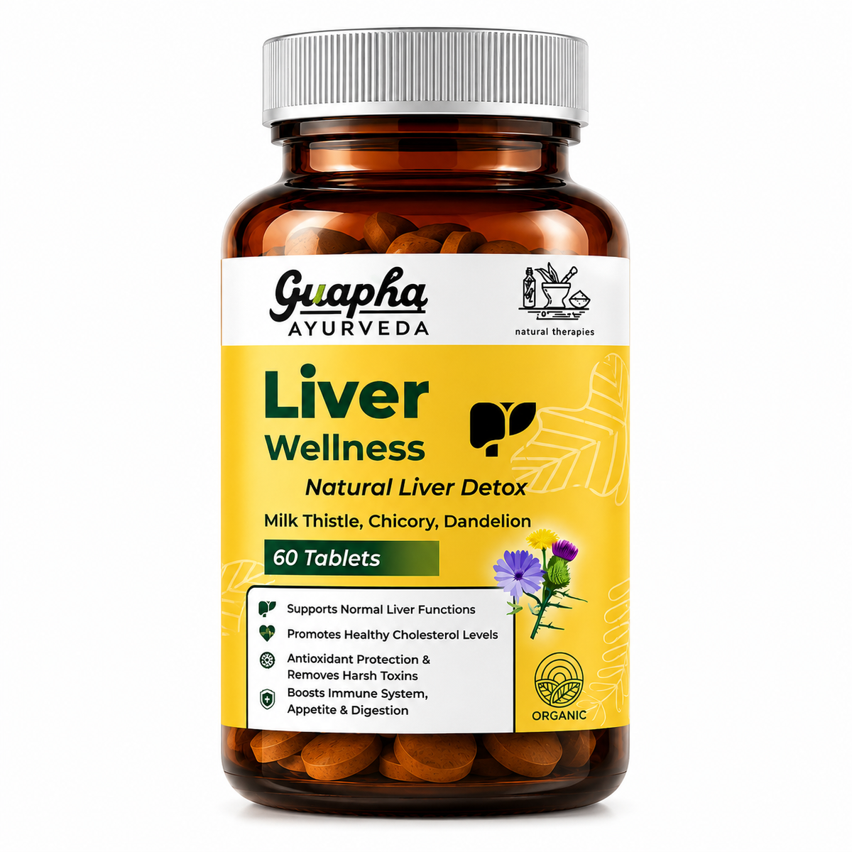 Guapha Ayurveda Liver Wellness | Natural Liver Detox | Supports Gallbladder Health | With Herbal Extracts Of Milk Thistle, Chicory, Dandelion, Punarnava, Bhui Amla, Kasni