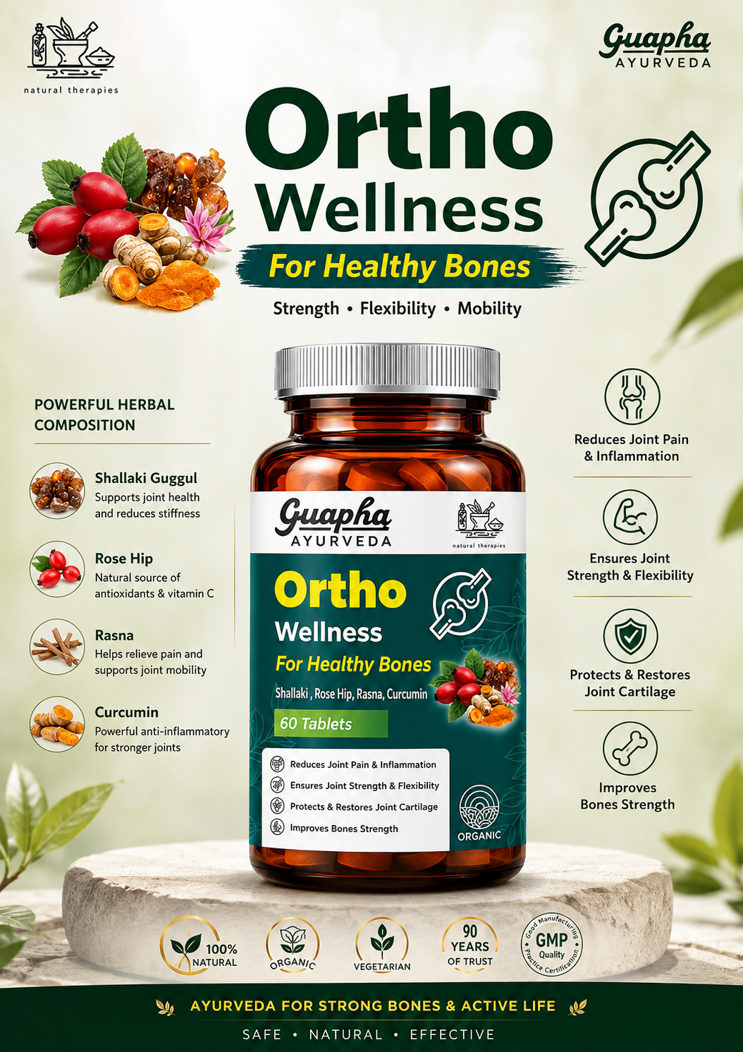 Guapha Ayurveda Ortho Wellness Tablets | For Healthy Bones & Joints With Herbal Extracts Of Boswellia Serrata, Curcumin, Rosehip | 60 Tablets