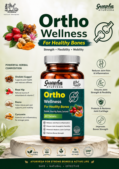 Guapha Ayurveda Ortho Wellness Tablets | For Healthy Bones & Joints With Herbal Extracts Of Boswellia Serrata, Curcumin, Rosehip | 60 Tablets
