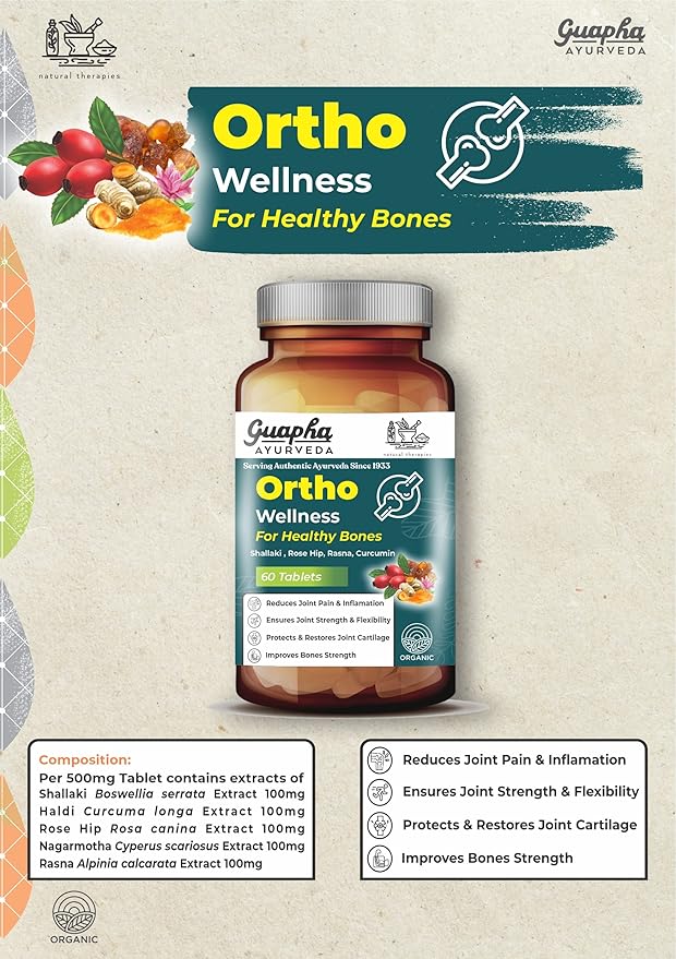 Guapha Ayurveda Ortho Wellness Tablets | For Healthy Bones & Joints With Herbal Extracts Of Boswellia Serrata, Curcumin, Rosehip | 60 Tablets