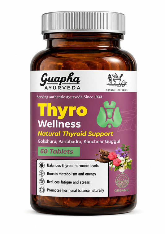 Guapha Ayurveda Thyro Wellness Tablets | Natural Thyroid Support | Helps Balance Hormones, Boost Metabolism & Energy | Ayurvedic Formula with Gokshuru, Paribhadra, Kanchanar Guggul | 60 Tablets