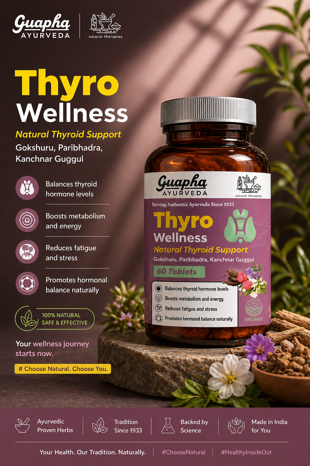 Guapha Ayurveda Thyro Wellness Tablets | Natural Thyroid Support | Helps Balance Hormones, Boost Metabolism & Energy | Ayurvedic Formula with Gokshuru, Paribhadra, Kanchanar Guggul | 60 Tablets